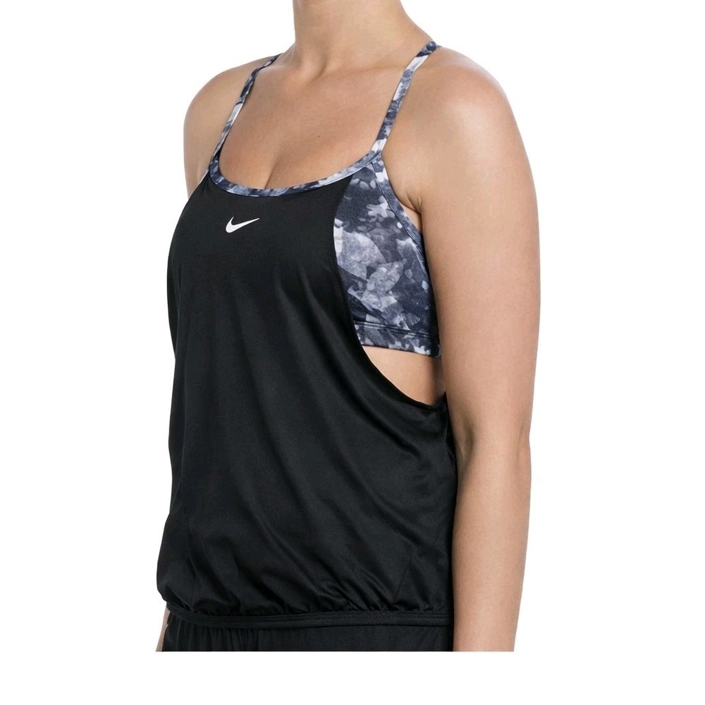 Nike Swim Women's Tankini Top Black Gray Built-In Bra‎ Size S New
